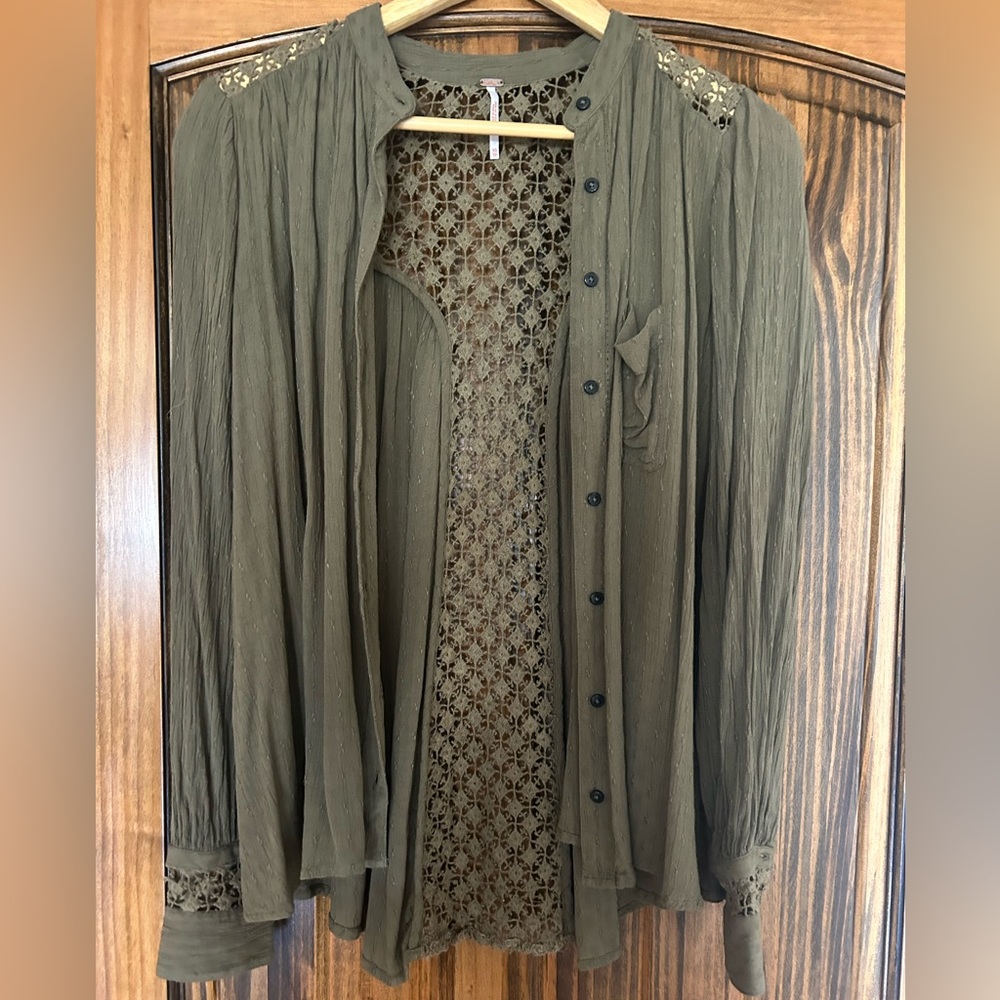 Free People olive button down with knitted back